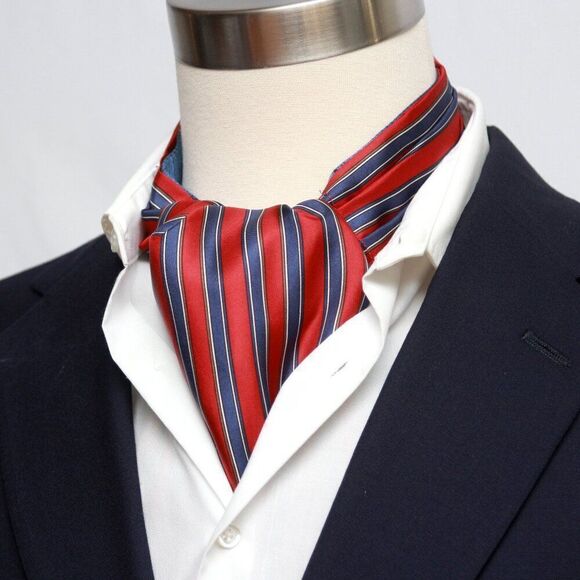 Men's Cravat Ascot Tie Gift Box Striped 100%Silk Blue Red A219 - Picture 1 of 14